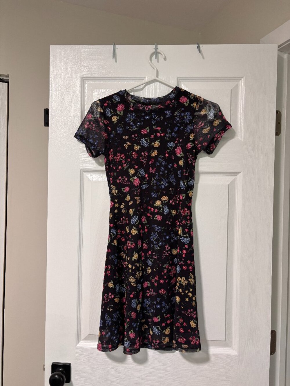 Floral Mesh Skater Dress | Sheer Sleeve Cottagecore Midi Dress (XS)